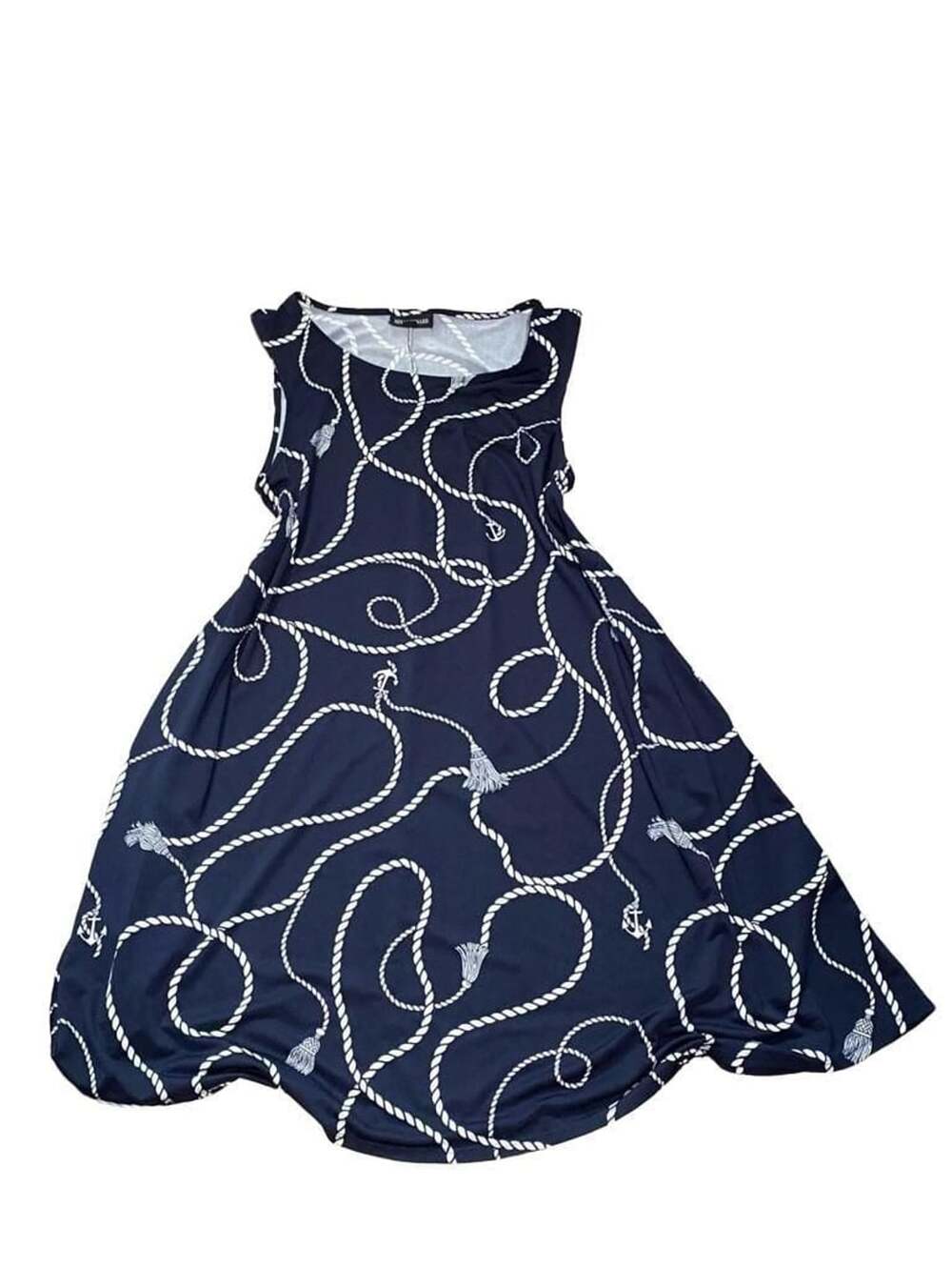 Nina Leonard Navy Blue White Rope Print Sleeveless Scoop Neck Swing Dress Medium
